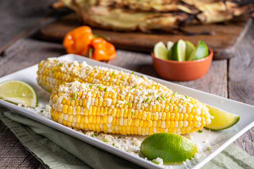 Grilled Mexican Street Corn with Lime, Cotija Cheese, Butter and Habanero Pepper