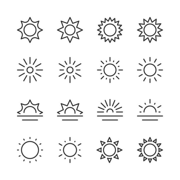 Sun Icons — Monoline Series Vector line icon set appropriate for web and print applications. Designed in 48 x 48 pixel square with 2px editable stroke. Pixel perfect. sun stock illustrations