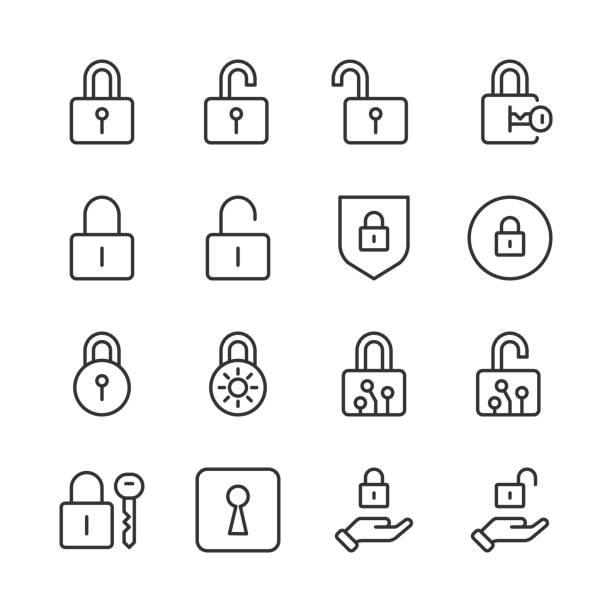 Lock Icons — Monoline Series Vector line icon set appropriate for web and print applications. Designed in 48 x 48 pixel square with 2px editable stroke. Pixel perfect. unlocking stock illustrations