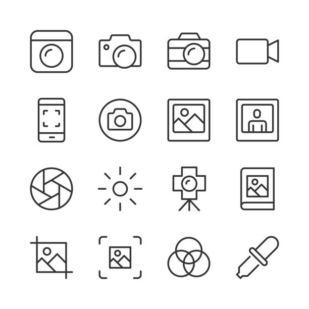 Camera & Photography Icons — Monoline Series Vector line icon set appropriate for web and print applications. Designed in 48 x 48 pixel square with 2px editable stroke. Pixel perfect. snap icon stock illustrations