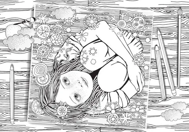 Vector illustration of The little girl is sitting on the wooden floor. Snowing. Snowflakes fall. Black and white doodle coloring book page for adults and children.