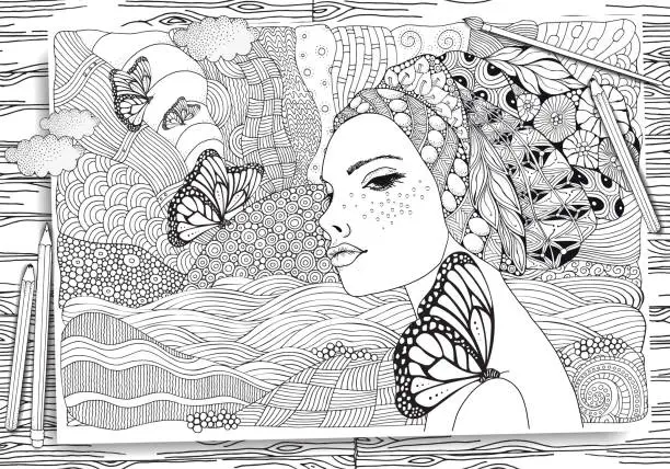 Vector illustration of Young beautiful woman and butterfly. Beach, facing out to sea. Black and white doodle coloring book page for adult and children.