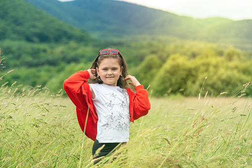 Portrait of a little girl in a meadow in the mountains.