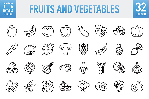 Fruits and Vegetables Line Icons. Set of vector creativity icons. 32 linear icon. 64x64 Pixel Perfect. Editable stroke. For Mobile and Web. The set contains icons: Idea generation preparation inspiration influence originality, concentration challenge launch. Contains such icons as Fruit, Vegetable, Carrot, Food, Tomato, Banana, Apple - Fruit, Orange - Fruit, Watermelon, Melon, Onion, Broccoli, Raw Potato, Strawberry, Lemon - Fruit, Cabbage, Avocado, Healthy Eating, Healthy Lifestyle