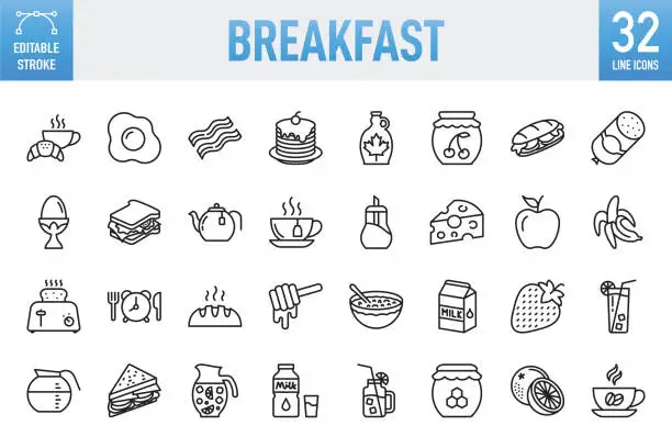 Vector illustration of Breakfast - Thin line vector icon set. Pixel perfect. Editable stroke. For Mobile and Web. The set contains icons: Breakfast, Bacon, Egg, Fried Egg, Boiled Egg, Bread, Coffee - Drink, Coffee Cup, Cup, Breakfast Cereal, Milk, Tea - Hot Drink, Tea Cup