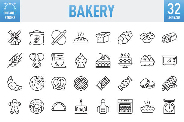 ilustrações de stock, clip art, desenhos animados e ícones de bakery - thin line vector icon set. pixel perfect. editable stroke. for mobile and web. the set contains icons: bakery, cookie, baking, bread, cake, food, food and drink, cupcake, dough, doughnut, cooking, baked pastry item, sweet food, sweet pie - bread cereal plant illustrations