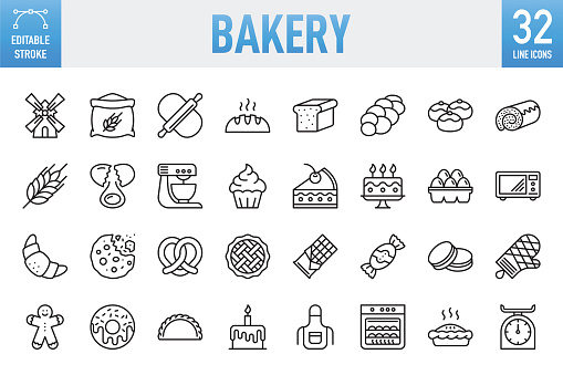 Bakery Line Icons. Set of vector creativity icons. 32 linear icon. 64x64 Pixel Perfect. Editable stroke. For Mobile and Web. The set contains icons: Idea generation preparation inspiration influence originality, concentration challenge launch. Contains such icons as Bakery, Cookie, Baking, Bread, Cake, Food, Food and Drink, Cupcake, Dough, Doughnut, Cooking, Baked Pastry Item, Sweet Food, Sweet Pie, Breakfast