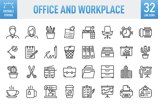 Business Office Concepts and Workplace - Thin line vector icon set. 32 linear icon. Pixel perfect. Editable stroke. For Mobile and Web. The set contains icons: Office, Desk, Place of Work, Adhesive Note, Portfolio, Briefcase, Business, Personal Organizer, Secretary, Assistance, Time, Businessman, Businesswoman, People, Coffee Break