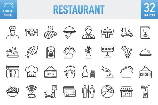 ilustraciones, imágenes clip art, dibujos animados e iconos de stock de restaurante - conjunto de iconos vectoriales de línea fina. pixel perfecto. trazo editable. para móviles y web. el conjunto contiene iconos: comida, restaurante, comida y bebida, bebida, café - bebida, taza de café, desayuno, vino, botella de vino, cop - steak chef cooking meat