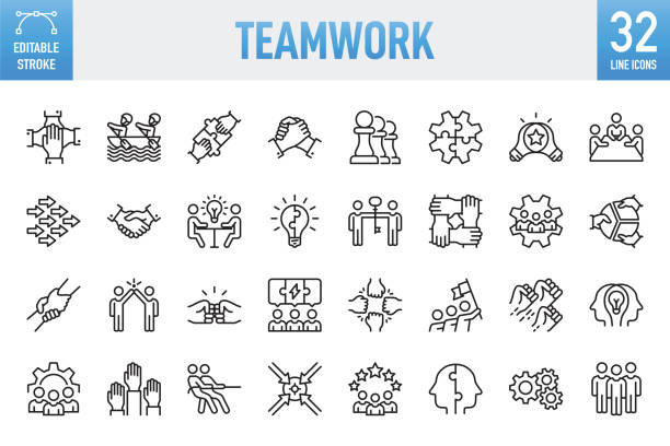 Teamwork - Thin line vector icon set. Pixel perfect. Editable stroke. For Mobile and Web. The set contains icons: Teamwork, Community, People, Business, Cooperation, Partnership - Teamwork, Organization, Leadership, Human Resources, Recruitment Teamwork Line Icons. Set of vector creativity icons. 32 linear icon. 64x64 Pixel Perfect. Editable stroke. For Mobile and Web. The set contains icons: Idea generation preparation inspiration influence originality, concentration challenge launch. Contains such icons as Teamwork, Community, People, Business, Cooperation, Partnership - Teamwork, Organization, Leadership, Human Resources, Recruitment role model stock illustrations