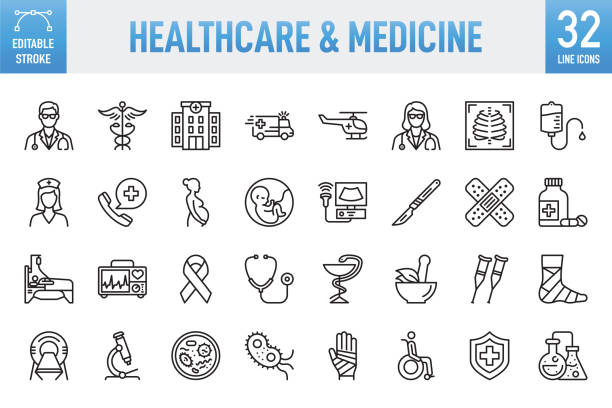 ilustrações de stock, clip art, desenhos animados e ícones de healthcare and medicine - thin line vector icon set. pixel perfect. editable stroke. for mobile and web. the set contains icons: healthcare and medicine, medical exam, medicine, hospital, doctor, medical insurance, insurance, nurse, stethoscope, ambulance - health icons