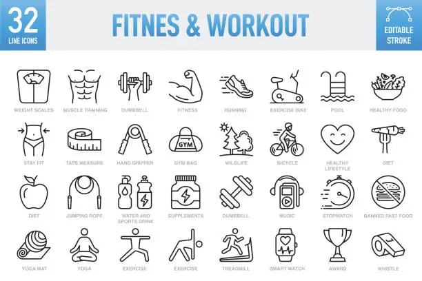 Vector illustration of Fitness & Workout - Thin line vector icon set. Pixel perfect. Editable stroke. For Mobile and Web. The set contains icons: Healthy Lifestyle, Exercising, Sport, Healthy Eating, Gym, Wellbeing, Dieting, Healthcare And Medicine, Weight Scale, Lifestyles