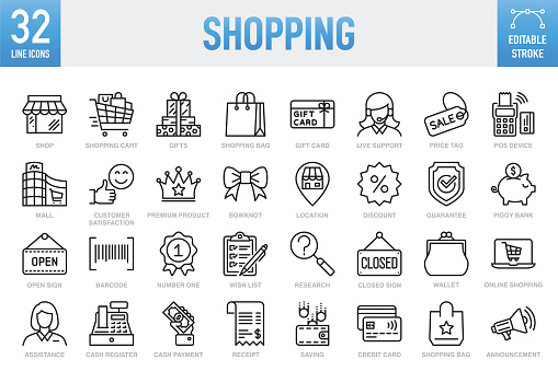 Shopping Line Icons. Set of vector creativity icons. 32 linear icon. 64x64 Pixel Perfect. Editable stroke. For Mobile and Web. The layers are named to facilitate your customization. Vector Illustration (EPS10, well layered and grouped), easy to edit, manipulate, resize or colorize. Vector and Jpeg file of different sizes. The set contains icons: Idea generation preparation inspiration influence originality, concentration challenge launch. Contains such icons as Shopping, Store, Shopping Mall, Shopping Cart, Shopping Bag, Sale, Retail, Buying, Supermarket, Market - Retail Space, Open, Shopping List