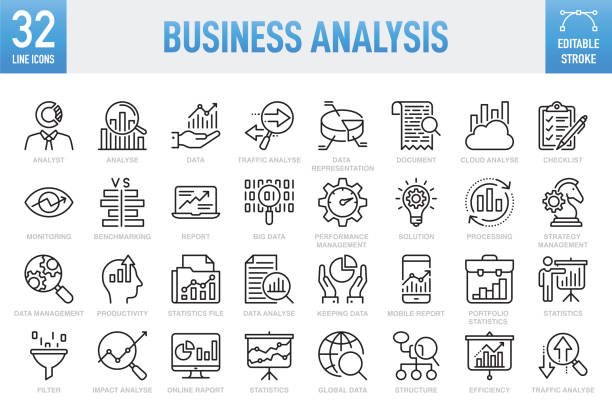 analiza biznesowa - zestaw ikon wektorowych cienkiej linii. piksel idealny. edytowalny obrys. dla urządzeń mobilnych i sieci. zestaw zawiera ikony: analyzing, data, big data, research, examination, chart, diagram, expertise, planning, advice - financial occupation chart data advice stock illustrations