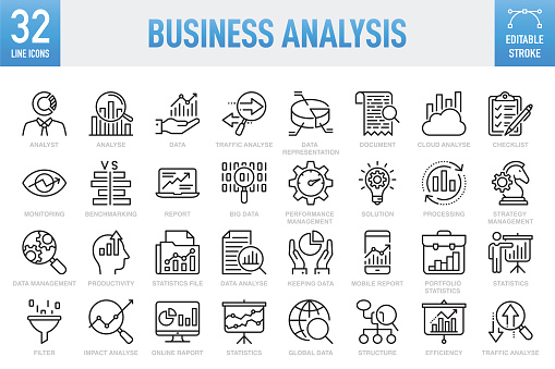Business Analysis - Thin line vector icon set. 32 linear icon. Pixel perfect. Editable stroke. For Mobile and Web. The layers are named to facilitate your customization. Vector Illustration (EPS10, well layered and grouped), easy to edit, manipulate, resize or colorize. Vector and Jpeg file of different sizes.  The set contains icons: Analyzing, Data, Big Data, Research, Examining, Chart, Diagram, Expertise, Planning, Advice