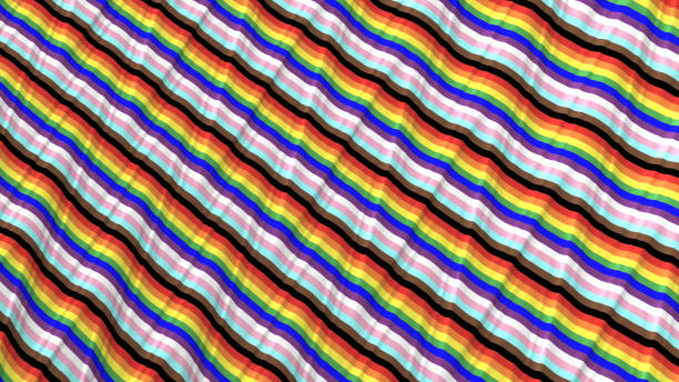 Progress Pride Flag Rainbow Flag Flying LGBTQIA Pride Month Event Culture Rights Abstract Wave Pattern Bright Colorful Striped Background Plastic Shiny Red Orange Yellow Green Blue Purple Black Brown Light Blue Pink White Stripes Texture 16x9 Format Fractal Fine Art Design template for presentation, flyer, card, poster, brochure, banner