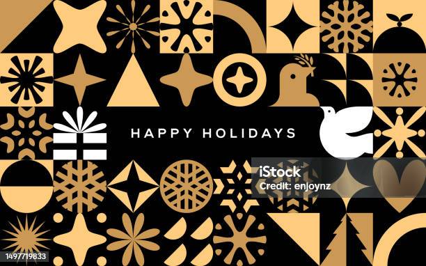 Golden Abstract Bauhaus Christmas Card Design Stock Illustration - Download Image Now - Christmas, Snowflake Shape, Computer Graphic