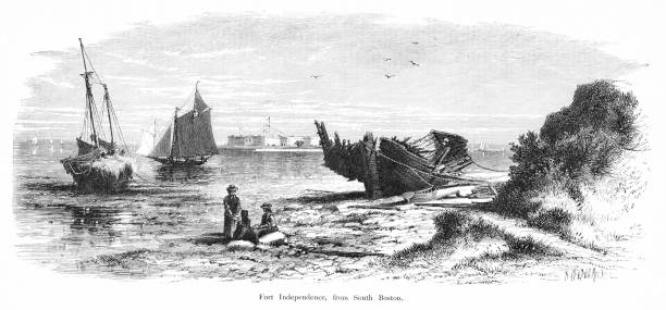 Fort Independence on Castle Island viewed from South Boston, Massachusetts, United States, American Geography South Boston view of Fort Independence on Castle Island, Massachusetts, USA. Pencil and pen, engraving published 1874 This edition edited by William Cullen Bryant is in my private collection. Copyright is in public domain. old victorian boston stock illustrations