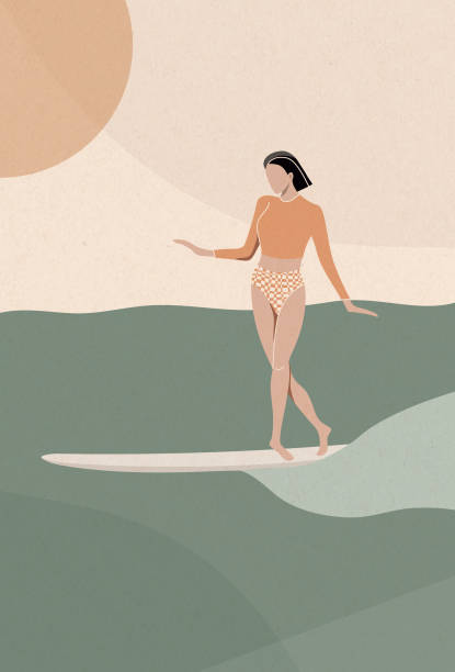 illustrazioni stock, clip art, cartoni animati e icone di tendenza di ragazza surfista che scivola sul vettore di colore pastello dell'onda - beach surfing bikini retro revival