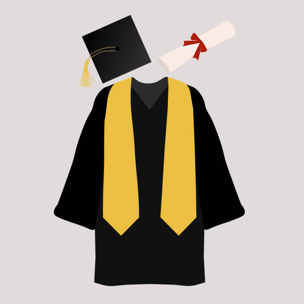 czapka z daszkiem, suknia dyplomowa i dyplom ukończenia studiów - honor roll stock illustrations