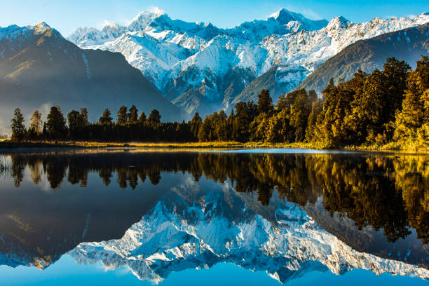 Reflection of snow capped mountains on a still lake with sun shining on forest