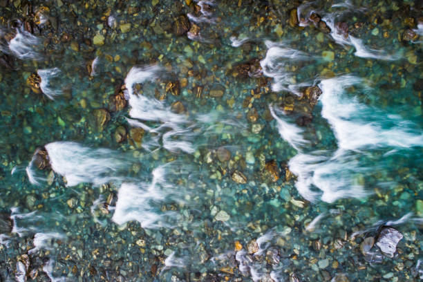Directly above looking down at rushing rapid river from snowmelt in the mountains. Photographed using slow shutter motion blur in New Zealand.