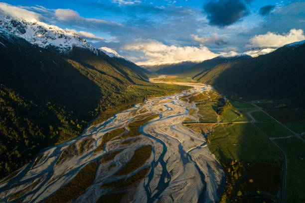 istock Aerial perspective of river braid system in valley from glacial runoff with scenic snow covered mountains 1497731102