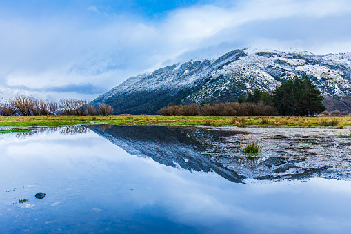 Reflection of snow capped mountains on a still lake, shot in New Zealand.