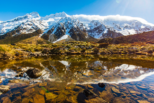Reflection of snow capped mountains on a still lake with sun shining on scrubland, shot in New Zealand.