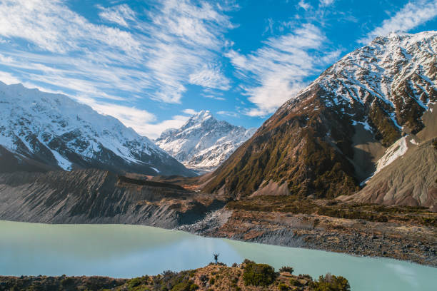 istock Small man in foreground with hands raised at dramatic nature scene of magnificent snow covered mountain range by a glacial lake in New Zealand 1497732064