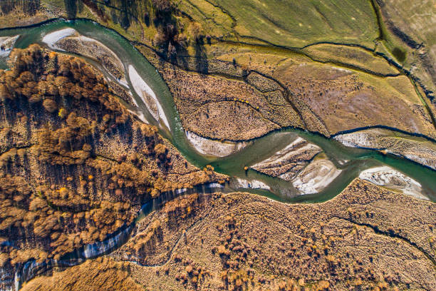 Aerial perspective of river braid system from glacial runoff. Shot in New Zealand.
