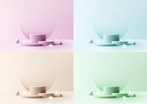 istock Set of 3D realistic empty studio room group of pastel colors cylinder podium stand transparency glass circle backdrop decoration with sphere light balls 1497732273