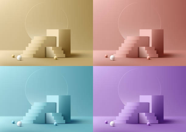 istock Set of 3D realistic studio room bright colors cube podium stand with ladder steps goal target success decoration circle transparent glass backdrop 1497732278