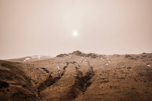 Looking up a mountain at sun shining through foggy atmospheric environment