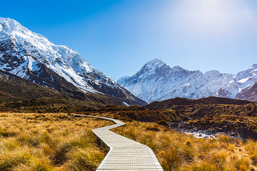 Iconic wooden footpath in nature winding toward snow covered mountains. Photographed in Mount Cook, New Zealand.