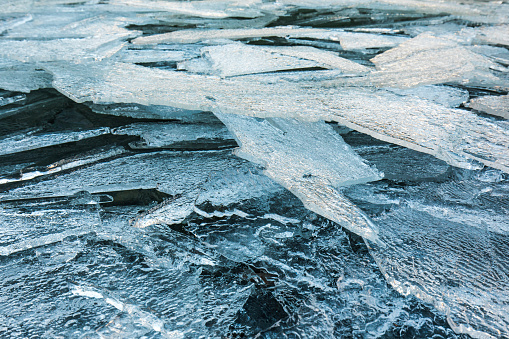 Close up of broken ice on frozen lake during winter in New Zealand South Island.