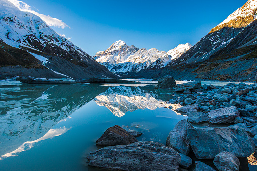 Winter nature scene of snow covered mountain range reflecting on frozen lake at sunrise in New Zealand.
