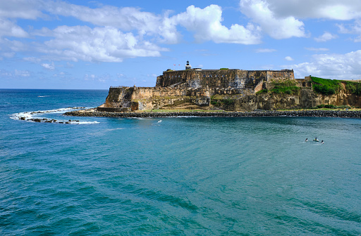 View of colorful Old San Juan (Viejo San Juan) and coastline, Puerto Rico on a sunny day.