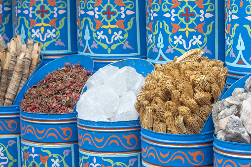 Souvenirs in Spice Bazaar at Souk in Marrakesh, Morocco