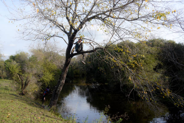 young man on the bank of a stream