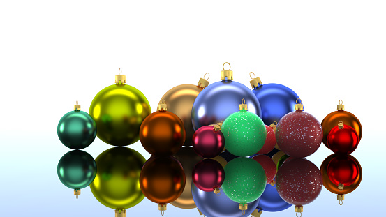 3d render, set of traditional red green glass ball ornaments for Christmas tree decoration, holiday clip art isolated on white background