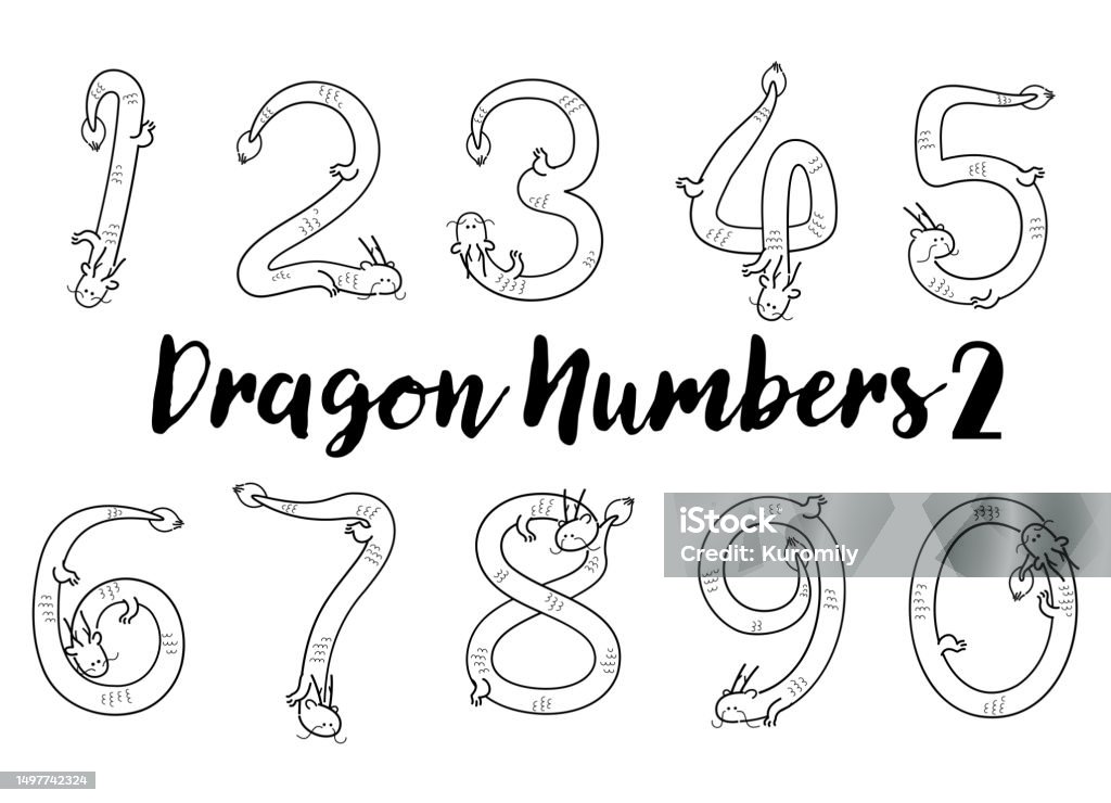 Dragon Numbers Dragonshaped Numbers Hand Drawn Dragon Isolated On White Background ...