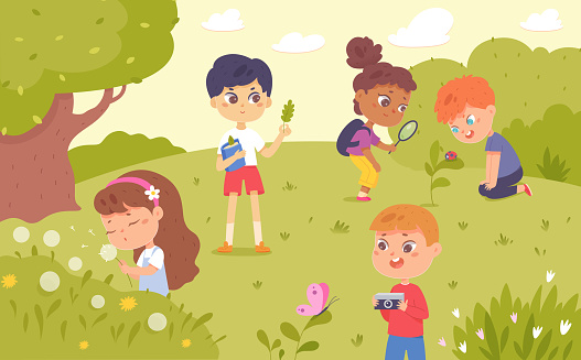 Cute children walk outdoor and explore nature vector illustration. Cartoon summer camping discovery and forest adventure of boys and girls, kids with magnifying glass and camera look at insects