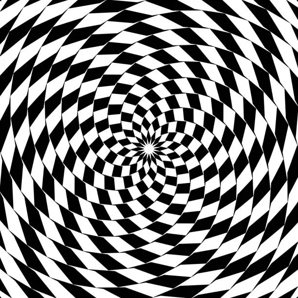 Vector illustration of Black and white vortex pinwheel visual effect. Twisty pattern with dynamic kaleidoscope texture. Spiral optical illusion. Vector graphic illustration