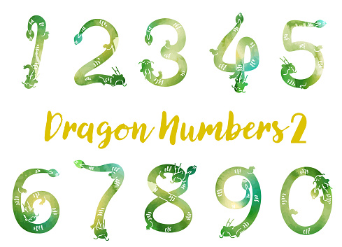 Dragon-shaped numbers. Hand drawn dragon isolated on white background. Vector illustration in retro style.