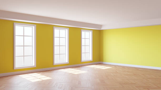 istock Beautiful Sunny Room with Yellow Walls, Three Large Windows 1497742585