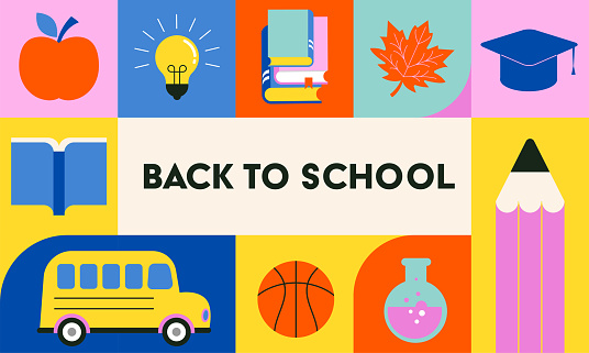 Vibrant Color Back To School background concept design. Geometrical flat style illustration, banner and poster. School supplies and yellow bus vector illustration