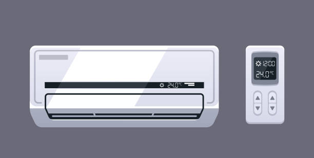 klimatyzator, system chłodzenia, który reguluje temperaturę wewnętrzną poprzez usuwanie ciepła i wilgoci z powietrza - air air conditioner electric fan condition stock illustrations