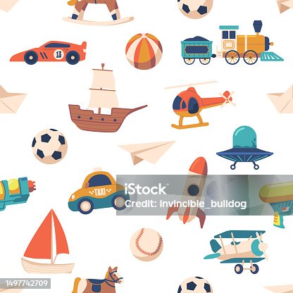 istock Seamless Pattern Featuring A Playful Collection Of Boy's Toys, Including Cars, Planes, Ships, Ufo Saucer, Horse, Balls 1497742709