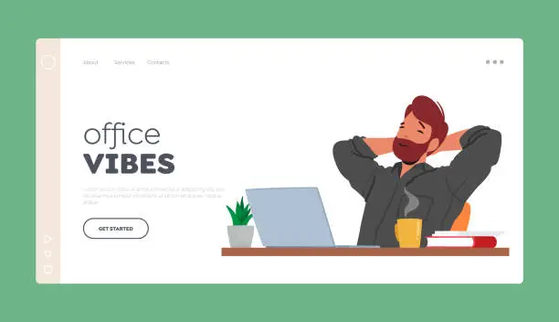 Vector illustration of Office Vibes Landing Page Template. Relaxed Male Character at Notebook. Calm Man Working On A Laptop Vector Illustration